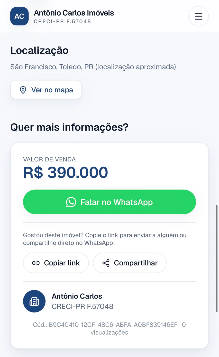 Vitrine mobile com localização, valor e atendimento pelo WhatsApp