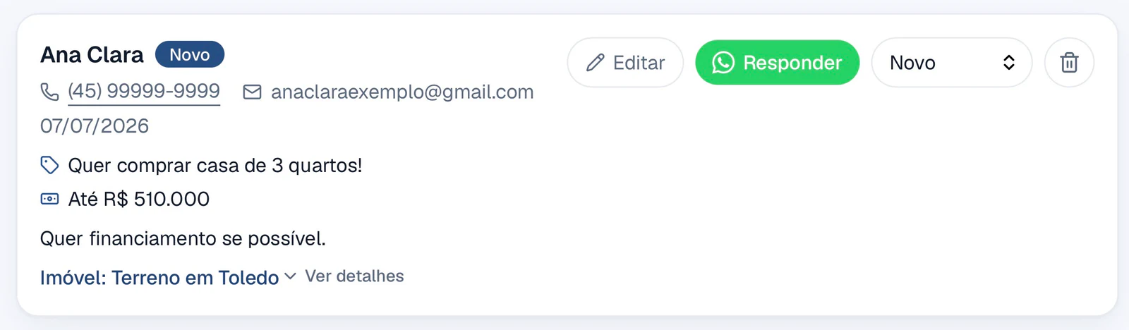 Lead real no painel com contato, orçamento, imóvel de origem e acesso ao WhatsApp